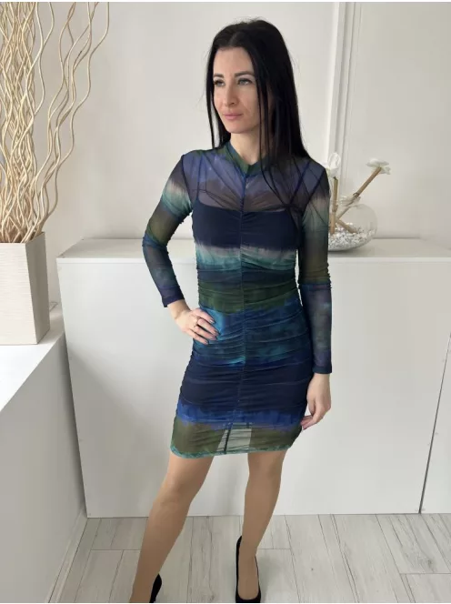 Stradivarius (M) Kék-Zöld-Khaki Kívül Hálós Anyagú, Bélelt Elől Húzott, Kerek Nyakú Ruha