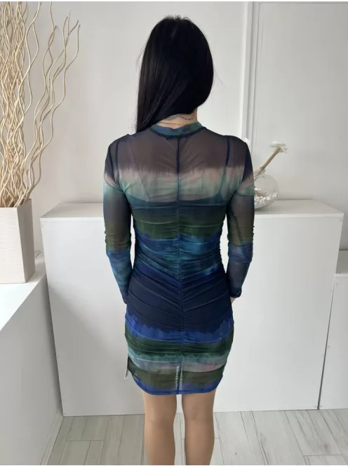 Stradivarius (M) Kék-Zöld-Khaki Kívül Hálós Anyagú, Bélelt Elől Húzott, Kerek Nyakú Ruha