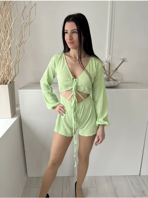 Pretty Little Thing (XS) Almazöld Mellnél Összehúzható, Megkötős Derékban Kivágott, Gumisderekú Overál