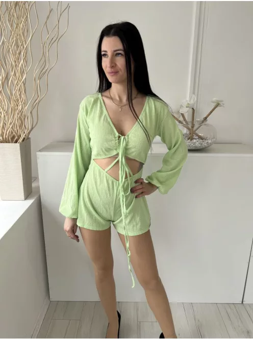 Pretty Little Thing (XS) Almazöld Mellnél Összehúzható, Megkötős Derékban Kivágott, Gumisderekú Overál