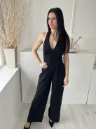 ÚJ Boohoo (M) Fekete Hátul Nyakban Megkötős, Derékban Szabott Bőszárú Overál