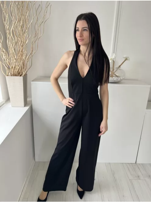 ÚJ Boohoo (M) Fekete Hátul Nyakban Megkötős, Derékban Szabott Bőszárú Overál