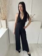 ÚJ Boohoo (M) Fekete Hátul Nyakban Megkötős, Derékban Szabott Bőszárú Overál