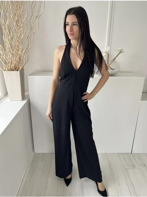 ÚJ Boohoo (M) Fekete Hátul Nyakban Megkötős, Derékban Szabott Bőszárú Overál