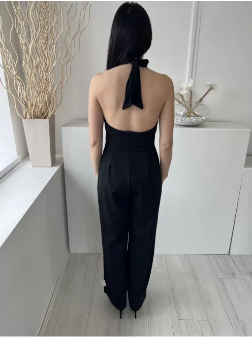 ÚJ Boohoo (M) Fekete Hátul Nyakban Megkötős, Derékban Szabott Bőszárú Overál