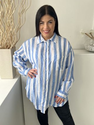   H&M (M) Kék Fehér Csíkos, Elől Végig Gombos Mellnél Zsebes, Galléros, 100% Len Alapanyagú Felső