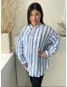   H&M (M) Kék Fehér Csíkos, Elől Végig Gombos Mellnél Zsebes, Galléros, 100% Len Alapanyagú Felső