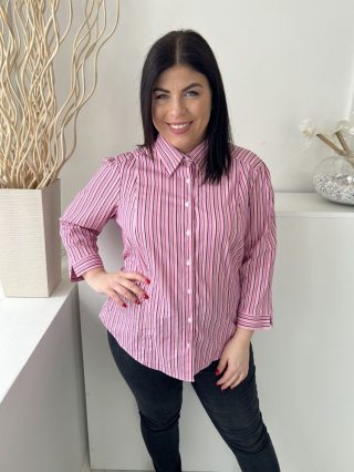   M&S (L) Rózsaszín-Lila Csíkos, Elől Végig Gombos Kerekített Aljú, Galléros Felső