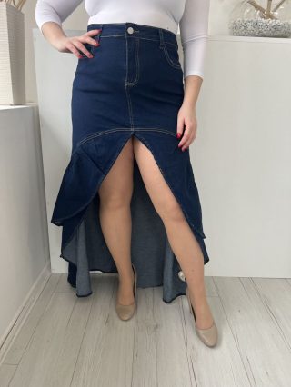    (L) Sötétkék Elől Gombos, Felül Szűkített Elől Nyitott, Hátul Hosszított, Fodros, Farmer Szoknya