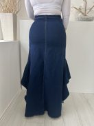  (L) Sötétkék Elől Gombos, Felül Szűkített Elől Nyitott, Hátul Hosszított, Fodros, Farmer Szoknya