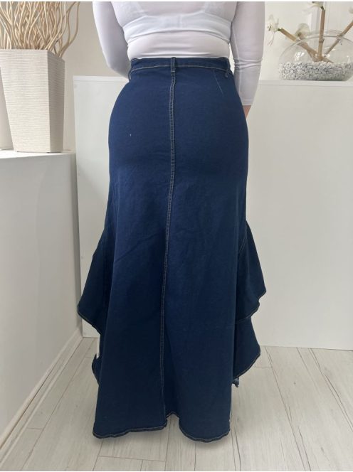  (L) Sötétkék Elől Gombos, Felül Szűkített Elől Nyitott, Hátul Hosszított, Fodros, Farmer Szoknya