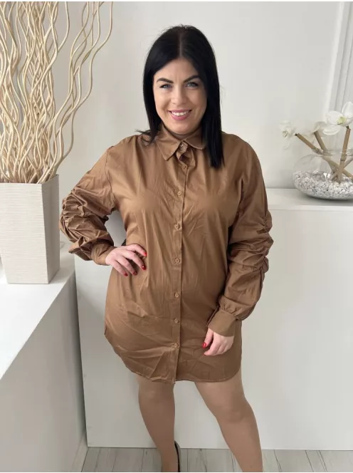 New Collection (L) Barna Elől Végig Gombos, Ujján Húzott Galléros, Kerekített Aljú Ruha