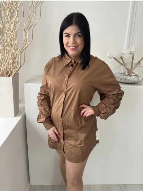 New Collection (L) Barna Elől Végig Gombos, Ujján Húzott Galléros, Kerekített Aljú Ruha