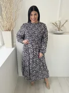 TU (L) Indigókék Fehér Virágos, Felül Darázsolt Hátul Nyakban Gombos, Buggyos Ujjú Ruha