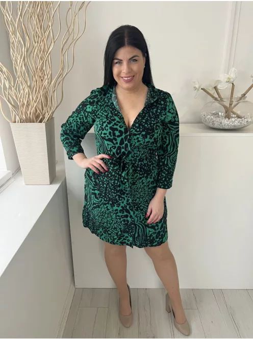 New Look (L) Zöld Fekete Foltmintás, Elől Gombos Derékban Megkötős Ruha