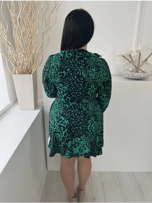 New Look (L) Zöld Fekete Foltmintás, Elől Gombos Derékban Megkötős Ruha