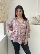 Jigsaw (M) Szürke-Drapp Piros-Fekete Mintás, Derékban Fodros V Kivágású, Buggyos Ujjú Felső