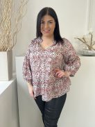 Jigsaw (M) Szürke-Drapp Piros-Fekete Mintás, Derékban Fodros V Kivágású, Buggyos Ujjú Felső