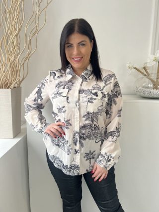   Oasis (L) Drapp Fekete Mintás, Elől Végig Gombos Mellnél Zsebes, Galléros Felső