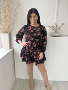 ÚJ New Look (M) Fekete Piros Virágos, Hátul Nyakban Megkötős Cipzáros, Fodros Aljú Ruha