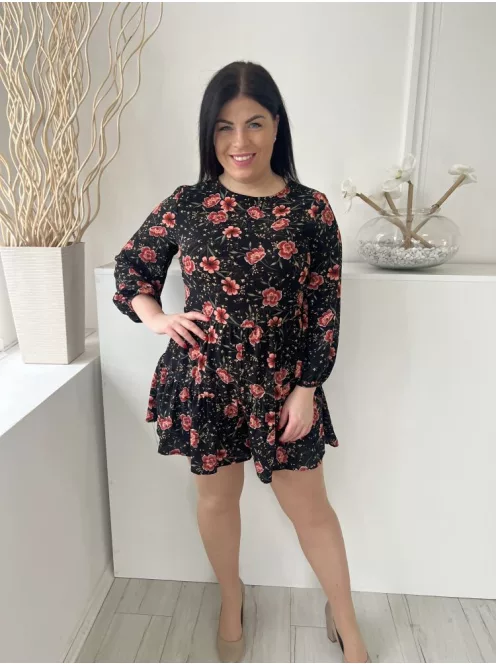 ÚJ New Look (M) Fekete Piros Virágos, Hátul Nyakban Megkötős Cipzáros, Fodros Aljú Ruha