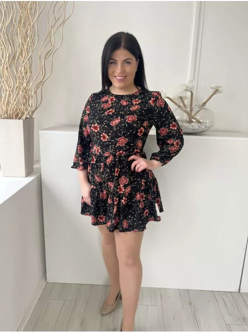 ÚJ New Look (M) Fekete Piros Virágos, Hátul Nyakban Megkötős Cipzáros, Fodros Aljú Ruha