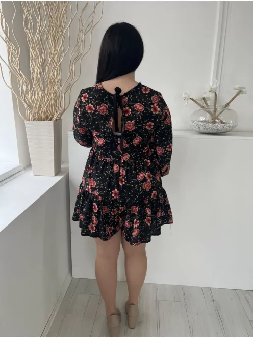 ÚJ New Look (M) Fekete Piros Virágos, Hátul Nyakban Megkötős Cipzáros, Fodros Aljú Ruha