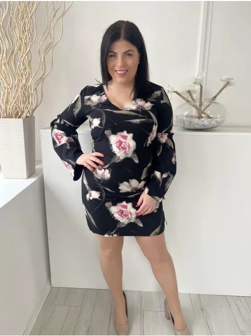 White House (M) Fekete Virágmintás, Hátul Cipzáros Ujján Darázsolt, Tölcsér Ujjú Ruha