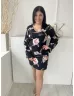   White House (M) Fekete Virágmintás, Hátul Cipzáros Ujján Darázsolt, Tölcsér Ujjú Ruha