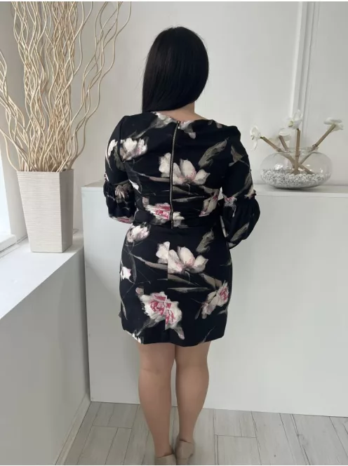 White House (M) Fekete Virágmintás, Hátul Cipzáros Ujján Darázsolt, Tölcsér Ujjú Ruha