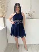 Little Mistress (L) Sötétkék Hátul Darázsolt, Nyakban Megkötős Elől Díszköves, Szoknyarészén Tüll Betétes Ruha