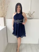 Little Mistress (L) Sötétkék Hátul Darázsolt, Nyakban Megkötős Elől Díszköves, Szoknyarészén Tüll Betétes Ruha