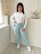 ÚJ M&S (L) Égkék Elől Gombos, Oldalt Zsebes Övtartós, Bőszárú Nadrág