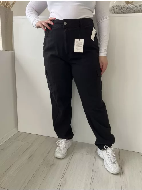 ÚJ New Look (L) Fekete Elől Gombos, Oldalt Zsebes Hátul GumisDerekú Nadrág