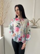 Shein (M) Mentazöld Színes Virágos, Hátul Nyakban Gombos Ujjvégén Darázsolt Felső