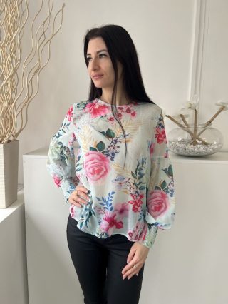   Shein (M) Mentazöld Színes Virágos, Hátul Nyakban Gombos Ujjvégén Darázsolt Felső