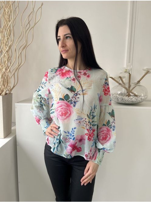 Shein (M) Mentazöld Színes Virágos, Hátul Nyakban Gombos Ujjvégén Darázsolt Felső