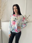 Shein (M) Mentazöld Színes Virágos, Hátul Nyakban Gombos Ujjvégén Darázsolt Felső