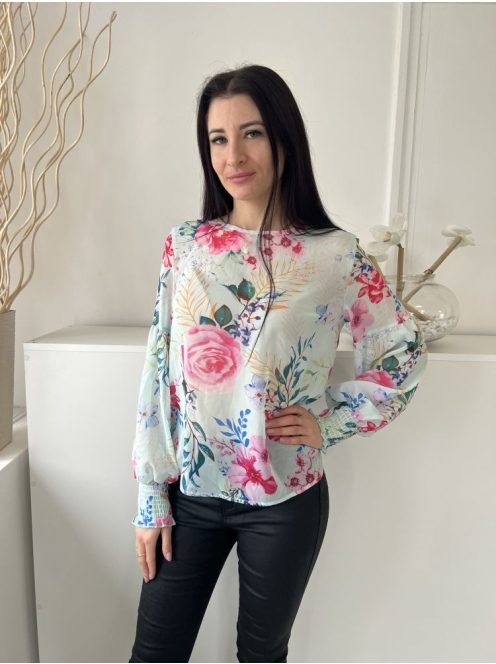 Shein (M) Mentazöld Színes Virágos, Hátul Nyakban Gombos Ujjvégén Darázsolt Felső