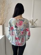 Shein (M) Mentazöld Színes Virágos, Hátul Nyakban Gombos Ujjvégén Darázsolt Felső