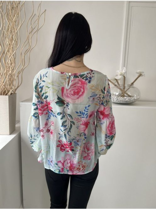 Shein (M) Mentazöld Színes Virágos, Hátul Nyakban Gombos Ujjvégén Darázsolt Felső