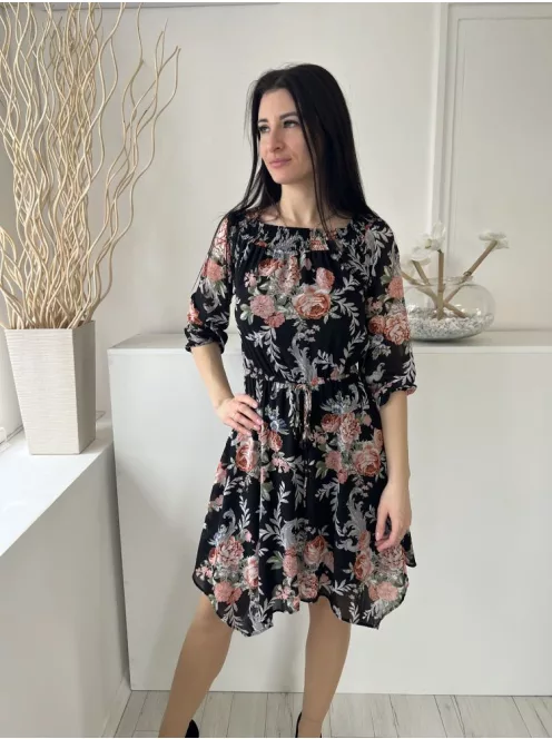 New Look (XS) Fekete Színes Virásod, Darázsolt Nyakú Derékban Összehúzható, Megkötős Ruha