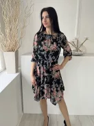 New Look (XS) Fekete Színes Virásod, Darázsolt Nyakú Derékban Összehúzható, Megkötős Ruha