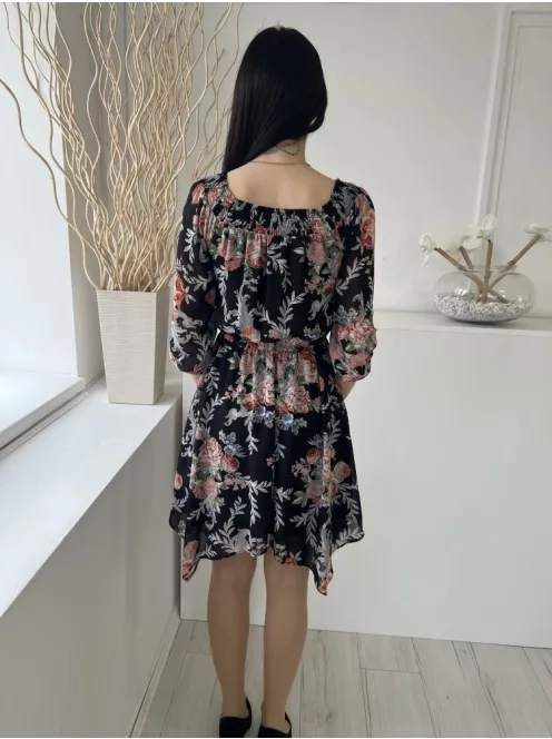 New Look (XS) Fekete Színes Virásod, Darázsolt Nyakú Derékban Összehúzható, Megkötős Ruha