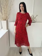 Selected (XS) Piros Fekete Foltmintás, Szoknyarészén Pliszírozott Hátul Nyakban Gombos, Darázsolt Ujjvégű Ruha