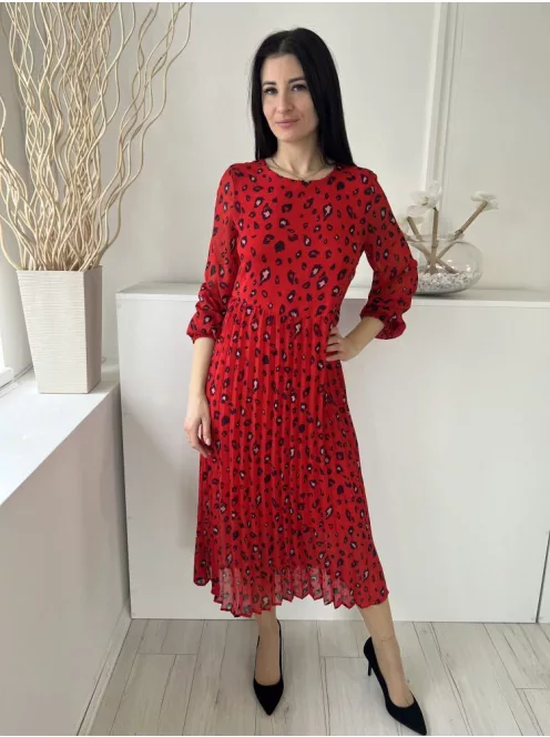 Selected (XS) Piros Fekete Foltmintás, Szoknyarészén Pliszírozott Hátul Nyakban Gombos, Darázsolt Ujjvégű Ruha