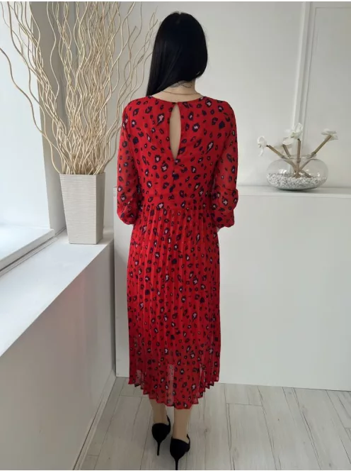 Selected (XS) Piros Fekete Foltmintás, Szoknyarészén Pliszírozott Hátul Nyakban Gombos, Darázsolt Ujjvégű Ruha