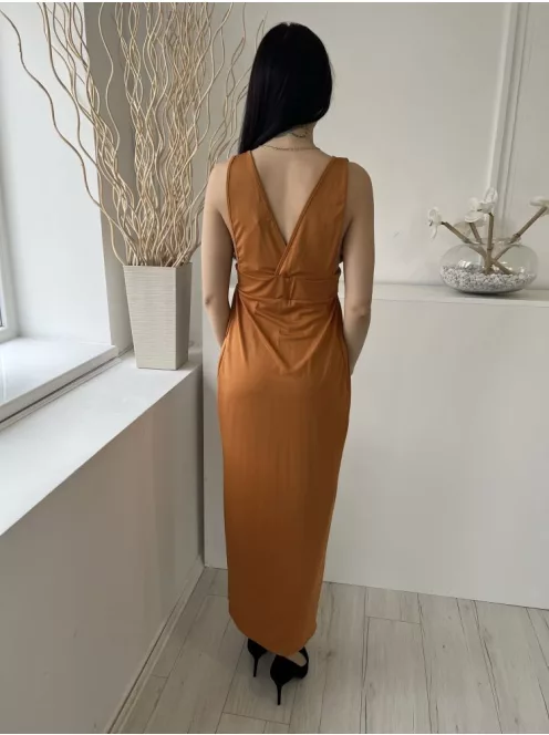 ÚJ Boohoo (XS) Aranybarna Mellnél Átlapolt, Derékban Szabott Elől Magasan Sliccelt Ruha