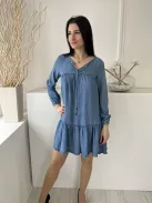 F&F (XS) Kék Elől Nyakban Megköthető Fodros Aljú, Gumis Ujjvégű, Farmer Ruha