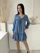 F&F (XS) Kék Elől Nyakban Megköthető Fodros Aljú, Gumis Ujjvégű, Farmer Ruha